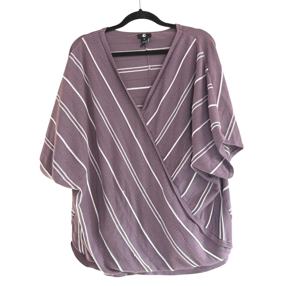 A&I Faux Wrap Pointelle Knit Stripe Sweater Purple Dolman Sleeve Lagenlook 3XL